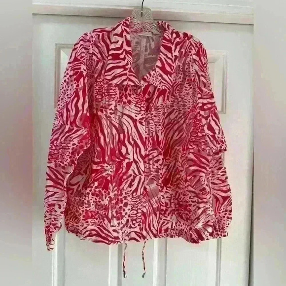 Chico's Sheer Structured Bomber, Mesh Tiger Print Pink/White Zip Snap Front Sz 3 - Picture 1 of 10